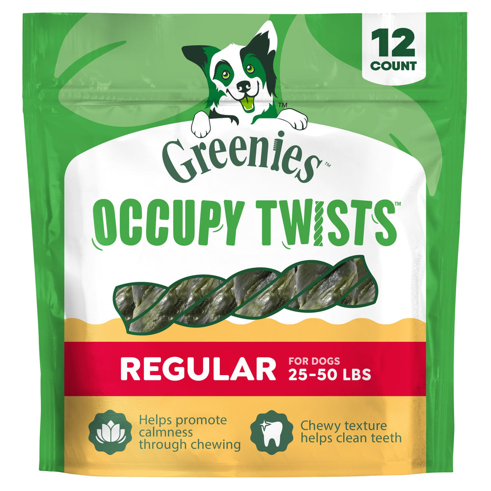 Greenies empaque frontal mostrando Occupy Twists y beneficio limpieza dental