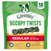 Greenies empaque frontal mostrando Occupy Twists y beneficio limpieza dental