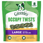 Greenies empaque frontal mostrando Occupy Twists y beneficio de entretener