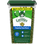 Greenies pack front showing brand and tuna flavor for easy recognition and dental benefit