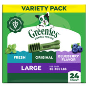 Greenies empaque frontal mostrando 24 unidades y beneficios dentales
