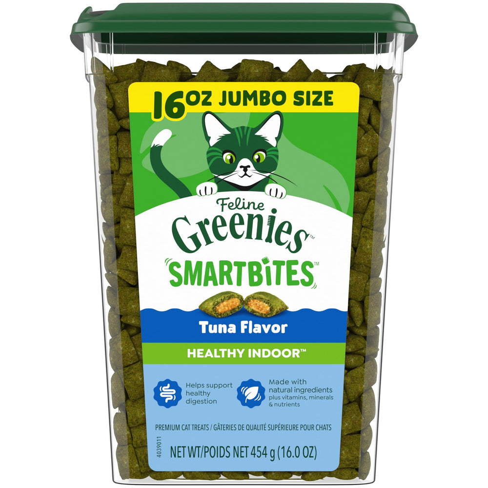 Greenies paquete frontal Feline Smartbites atún, vista clara y atractiva