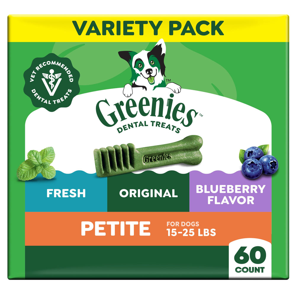Greenies paquete frontal Petite 60 unidades mostrando el diseño y beneficio dental