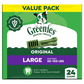 Greenies paquete frontal mostrando 24 unidades y beneficio limpieza dental