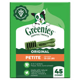 Greenies petite front packaging showing product and count, supports daily dental care