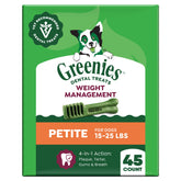 Greenies petite front packaging showing 45-count and weight-management benefits