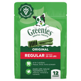 Greenies frente del paquete mostrando 12 unidades y beneficios dentales