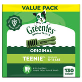 Greenies paquete frontal mostrando 130 unidades y beneficios dentales