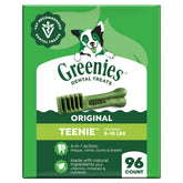 Greenies Teenie front packaging showing chicken flavor and 96 count, clear benefits