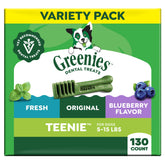 Greenies teenie front packaging showing product and count, brand provides easy dental care