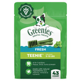 Greenies paquete frontal mostrando 43 unidades y beneficios dentales