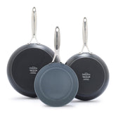 GreenPan Valencia Pro front packaging showing three skillet sizes and branding benefit durable construction