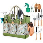 Grenebo front view of the full 8-piece gardening kit in floral tote, neat storage benefit