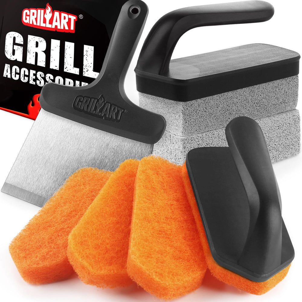GRILLART kit frente del empaque mostrando accesorios y beneficios