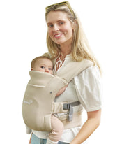 GROWNSY cream front carrier view showing secure buckles and snug fit benefit