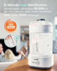 GROWNSY sterilizer with mixed bottles inside demonstrating universal fit benefit