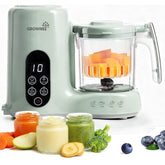 GROWNSY front view showing compact green steamer blender and space-saving benefit