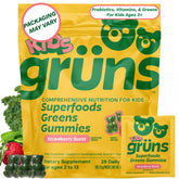 Grüns front packaging showing kids greens gummies and clear benefit of daily nutrition