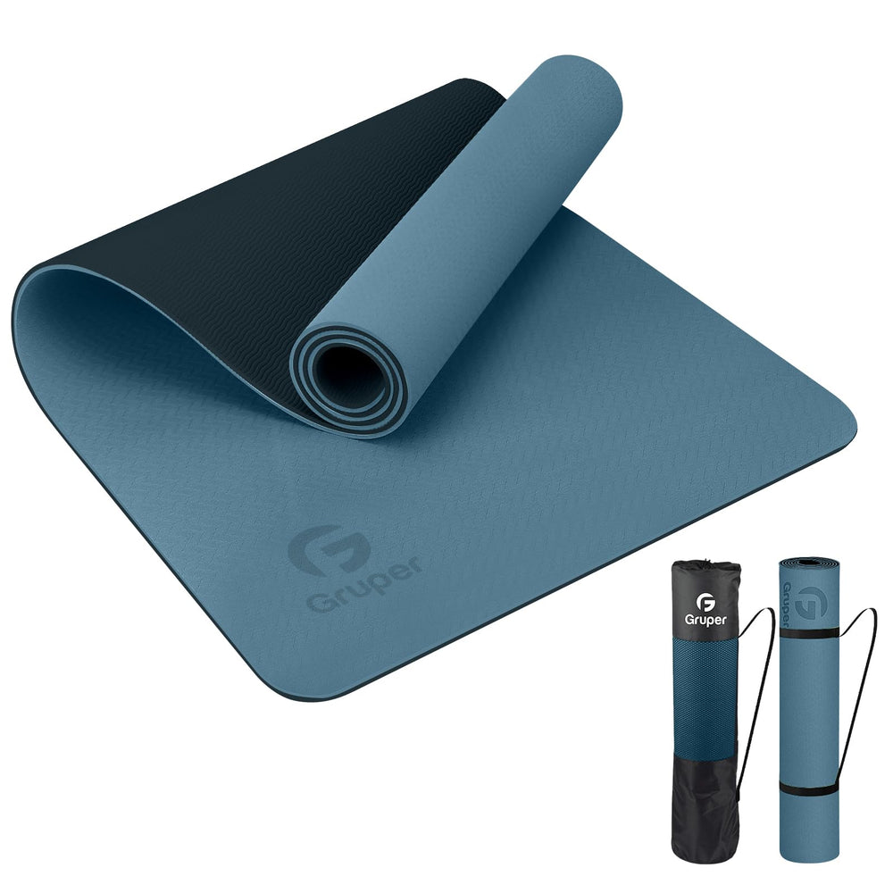Gruper front view grey-blue mat showing full-length grip and stable surface