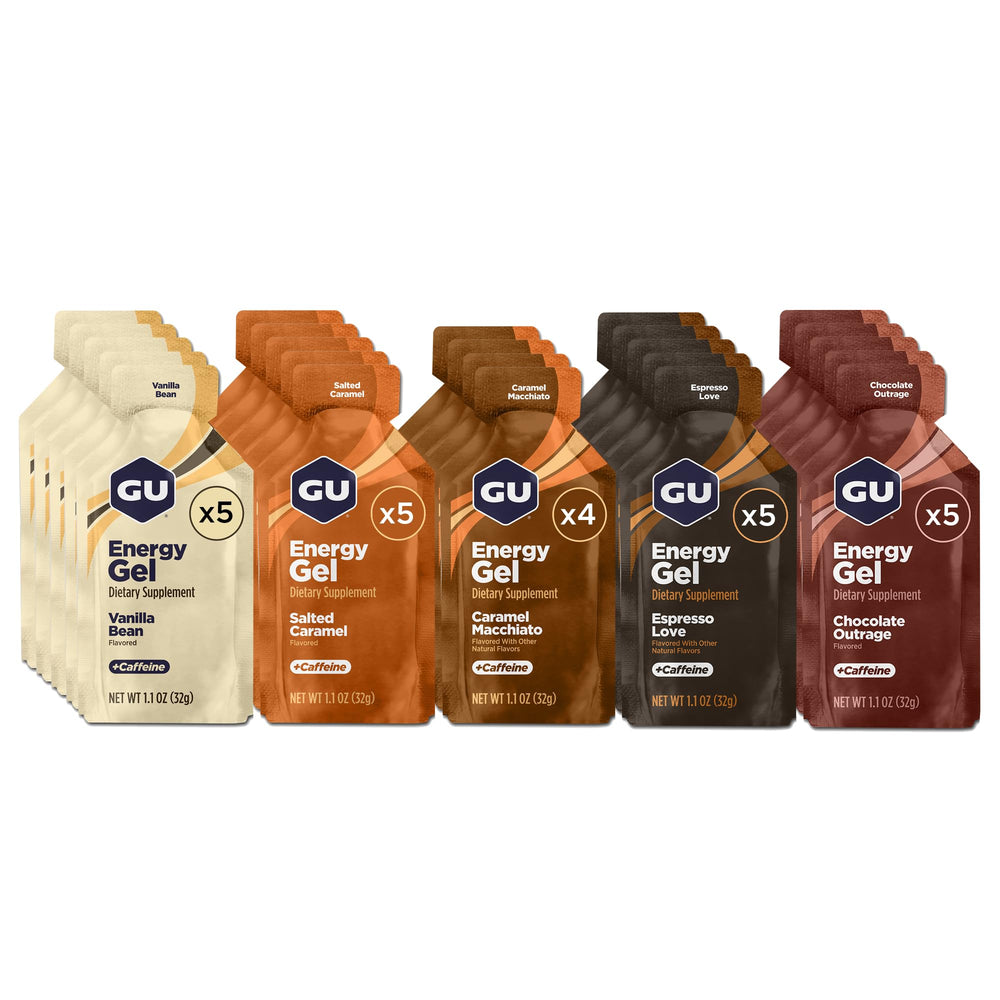 GU Energy empaque frontal 24 sobres mostrando variedad de sabores y conveniencia