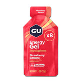 GU Energy gel frente del empaque mostrando sabor fresa plátano y portabilidad
