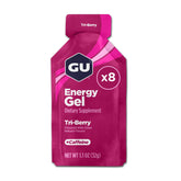 GU Energy gel Tri-Berry frente del empaque mostrando sabor y beneficios