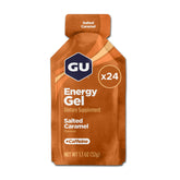 GU Energy paquete frontal Salted Caramel mostrando diseño y beneficios