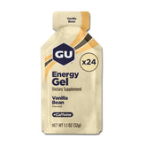 GU Energy envase frontal Vainilla Bean mostrando 24 sobres y beneficio de portabilidad