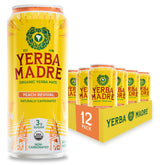 Guayaki front can shot showing branding and peach flavor, highlights convenience