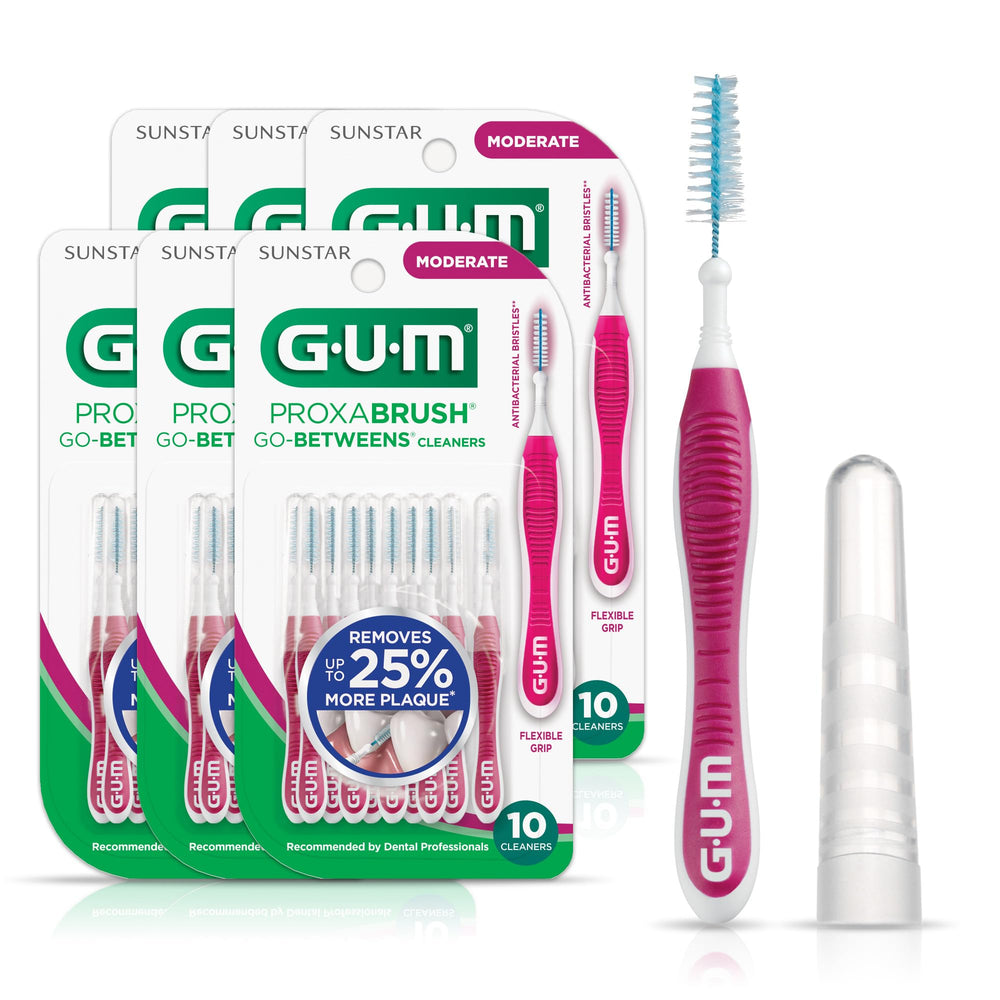 GUM Proxabrush frontal del envase mostrando 10 unidades y beneficios portátiles