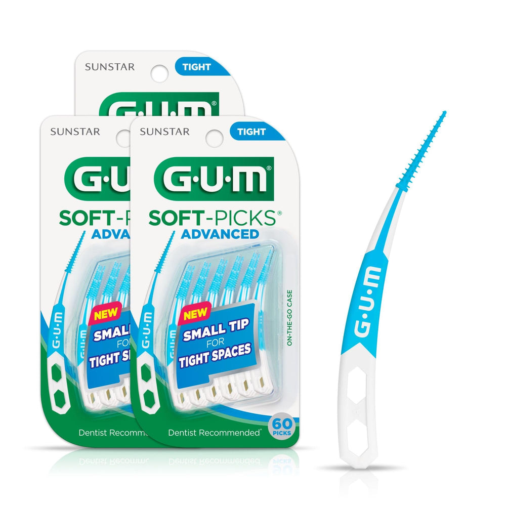 GUM vista frontal del paquete con 60 unidades y estuche práctico