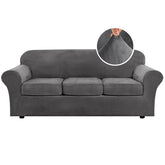 H.VERSAILTEX front view of grey slipcover set showing elegant protection