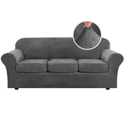 H.VERSAILTEX front view of grey slipcover set showing elegant protection