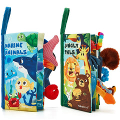 hahaland front packaging showing two soft cloth books and bright covers for quick selection
