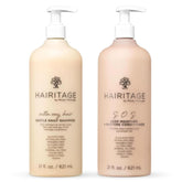 Hairitage frontal del set con envases y beneficios hidratantes