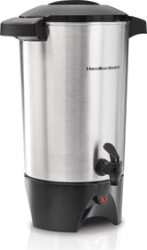 Hamilton Beach front view of 45-cup urn showing controls and handles for easy serving