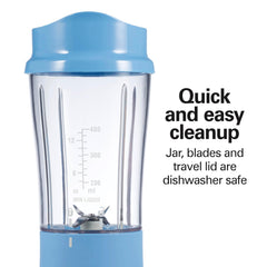 Hamilton Beach blender in use on kitchen counter making a smoothie quickly