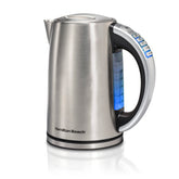 Hamilton Beach front view showing kettle shape and stainless finish, highlights fast heating