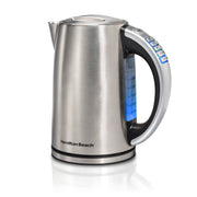 Hamilton Beach front view showing kettle shape and stainless finish, highlights fast heating