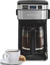 Hamilton Beach front view showing compact 12-cup brewer and counter-saving benefit