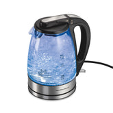 Hamilton Beach glass kettle front view showing sleek design and quick boiling