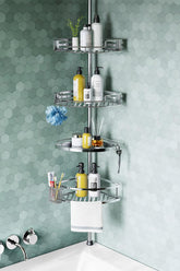 HAMITOR front view silver shower caddy showing four-tier storage and tidy bathroom