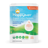 Happy Baby lata frontal que muestra etapa 1 y certificación orgánica para tranquilidad