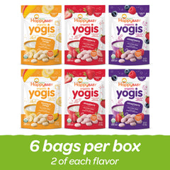 Happy Baby open resealable bag displaying lightweight yogurt fruit melts for portability