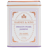 Harney & Sons lata frontal del Dragon Pearl Jasmine mostrando diseño y conservación