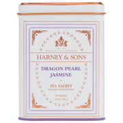 Harney & Sons lata frontal del Dragon Pearl Jasmine mostrando diseño y conservación