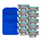Harry's plus paquete frontal mostrando diez cartuchos y beneficio de reposición prolongada
