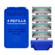 Harry's paquete frontal mostrando cuatro recambios y funda, conveniente para reemplazo