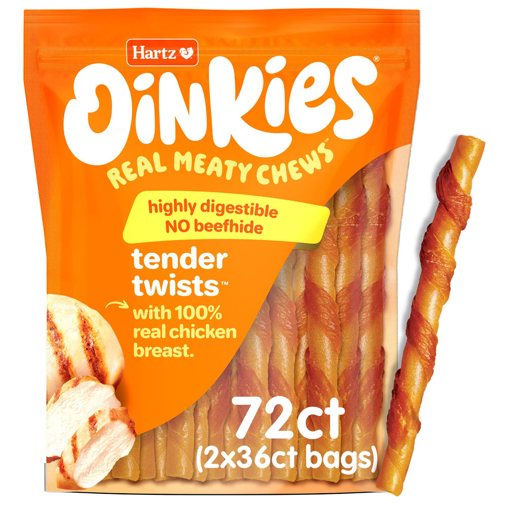 Hartz Oinkies frente del paquete mostrando 72 unidades y beneficios de premio
