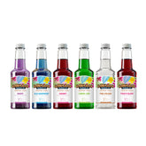 hawaiian shaved ice frente conjunto mostrando seis botellas y variedad de sabores